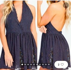 NWOT $180 Raga Raven Beaded Sequin Backless Halter Mini Dress in Black SZ S